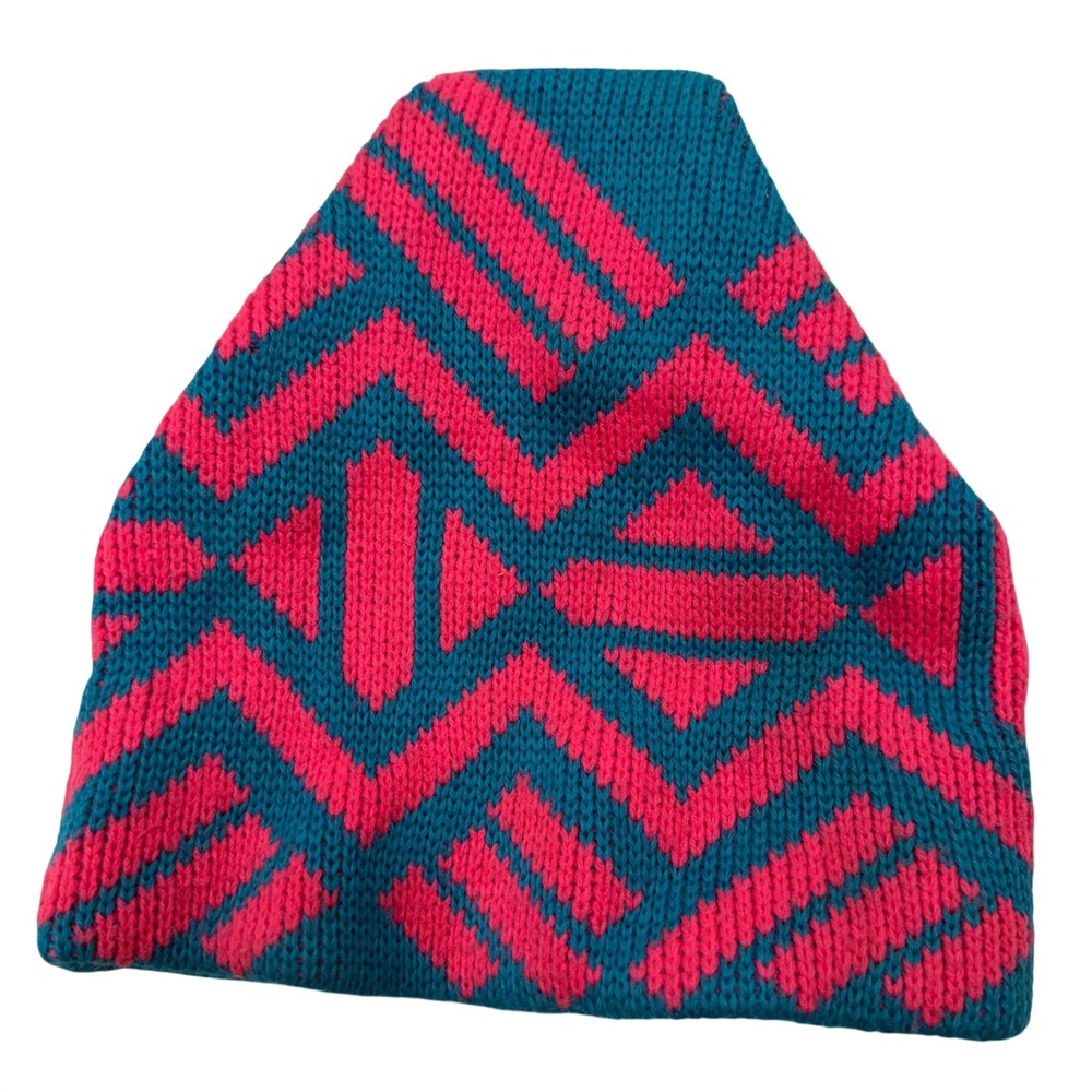 Smiley Pink Teal Geometric Knit Beanie Wool Blend